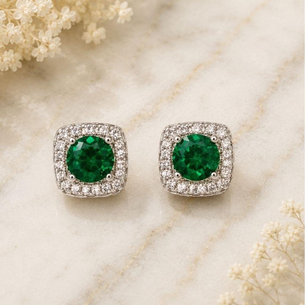 Vintage Emerald Green Swarovski Crystal Halo Stud Earrings Silver Overlay 9.5mm